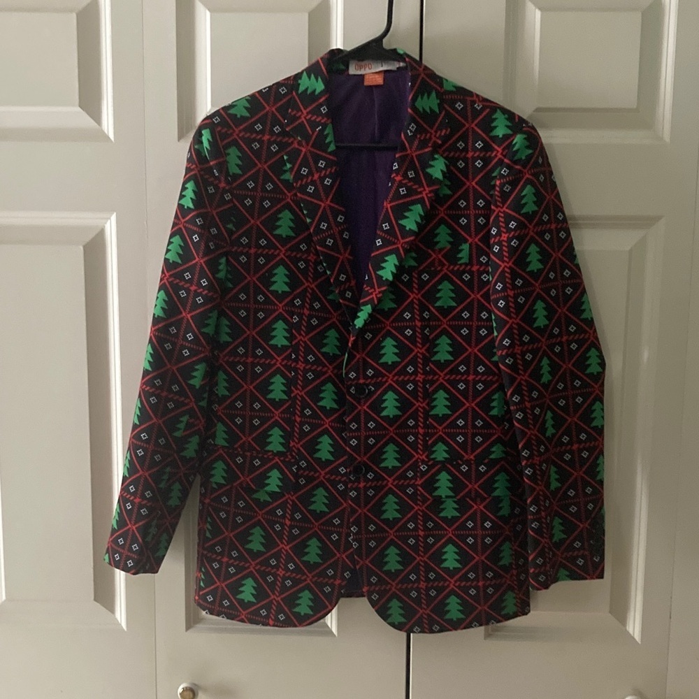 OPPO SUITS Christmas Blazer Mens 36 red and green design on black background